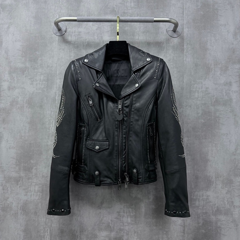 Authentic Diesel Black Leather Jacket with Silver Studs